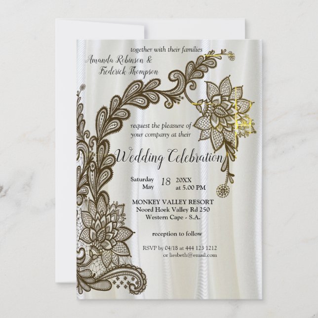 Black with Silver on Champagne Silk Wedding Invita Invitation (Front)