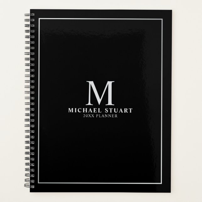 Black with Silver Personalised Monogram and Name Planner (Front)