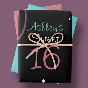 Black With Stars And Swirls Sweet 16 Wrapping Paper Sheet