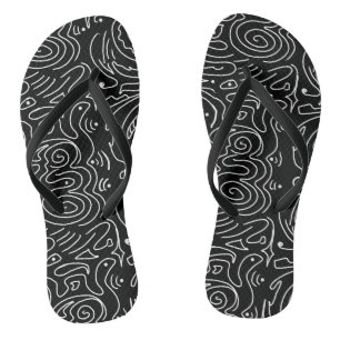 Black with White Abstract Wavy Line Flip Flops