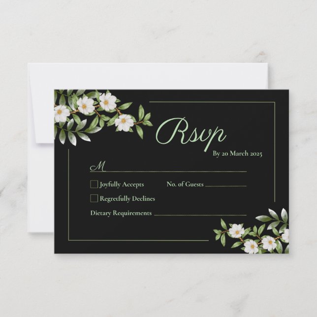 Black with White Camellia Wedding RSVP Card (Front)