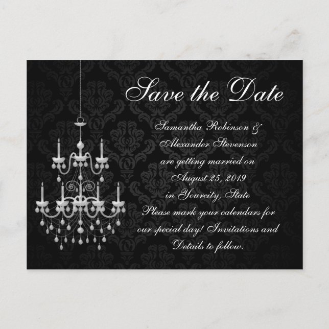 Black with White Chandelier Save the Date Announcement Postcard (Front)