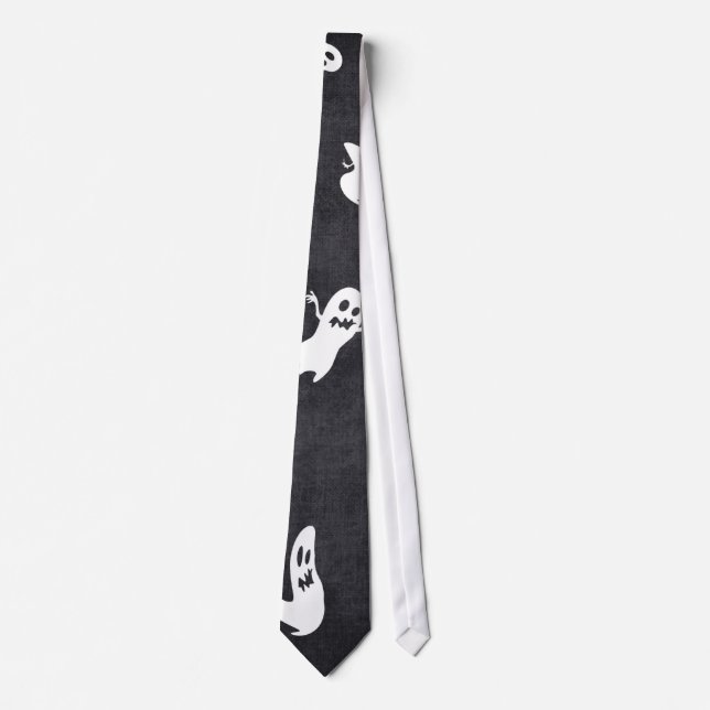 Black with White Flying Ghosts Halloween Tie (Front)