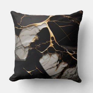 Black with White Marble and Gold Abstract Cushion
