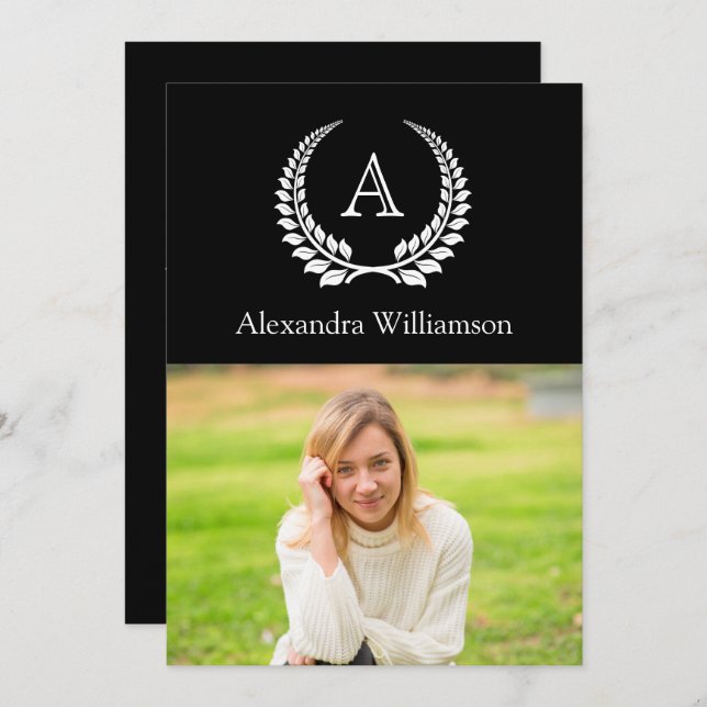 Black with White Monogram Laurel Photo Graduation Invitation (Front/Back)
