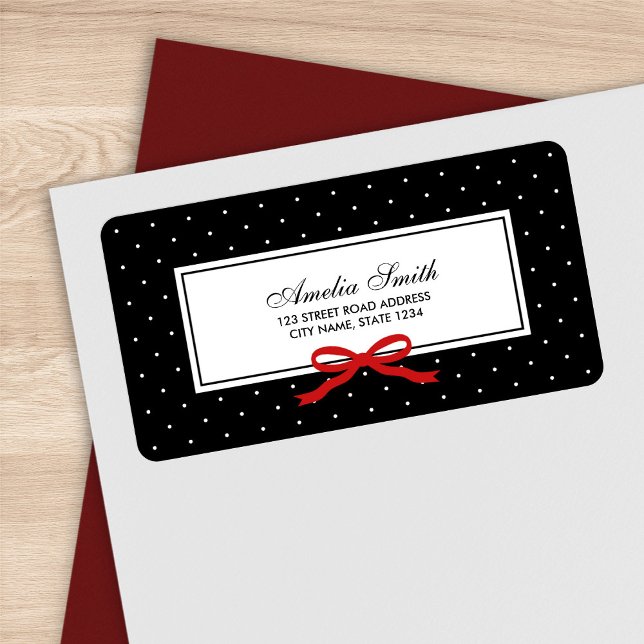 Black with White Polka Dot and Red Ribbon Address Label (Creator Uploaded)