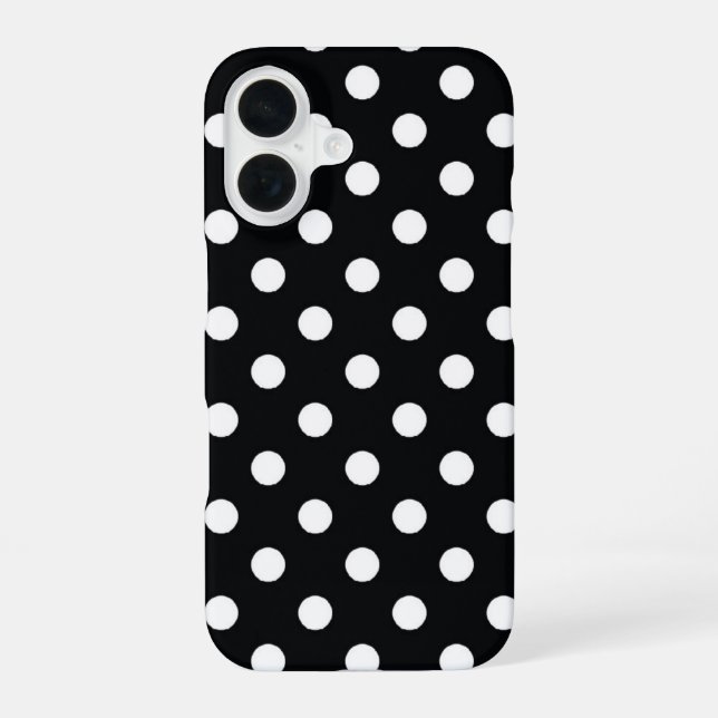 Black with white polka dots iPhone 16 case (Back)