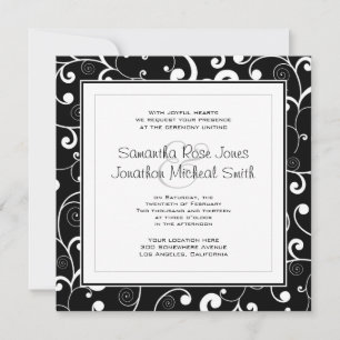 Black with White Scroll Square Wedding Invitation