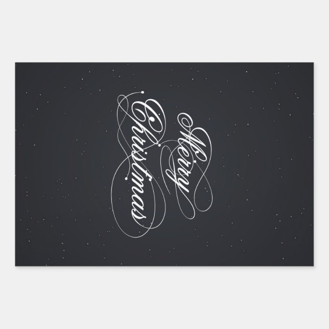 Black With White Sparks Merry Christmas Wrapping Paper Sheet (Front)