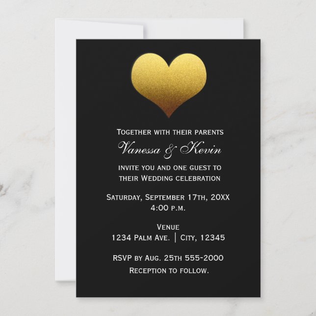Black with white Striped Gold Heart Invitation (Front)