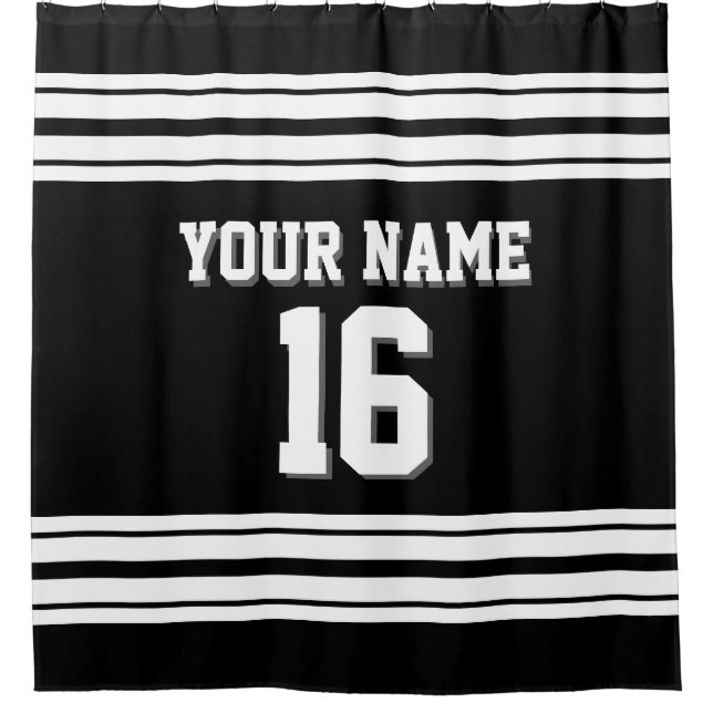 Black with White Stripes Sports Jersey Shower Curtain (Front)