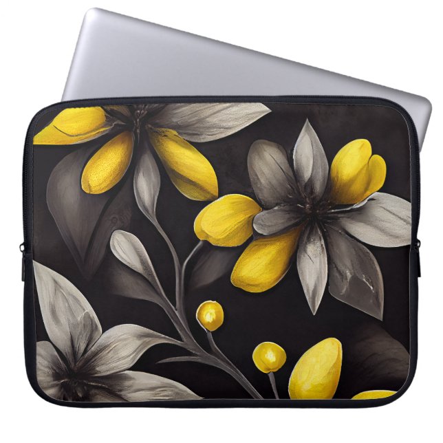 BLACK WITH YELLOW & GRAY FLOWERS LAPTOP SLEEVE (Front)