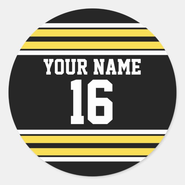 Black with Yellow White Stripes Team Jersey Classic Round Sticker (Front)