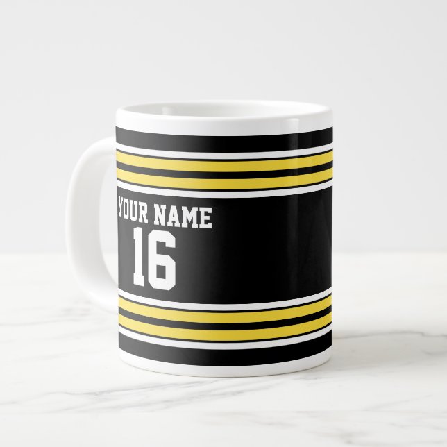 Black with Yellow White Stripes Team Jersey Large Coffee Mug (Front Left)