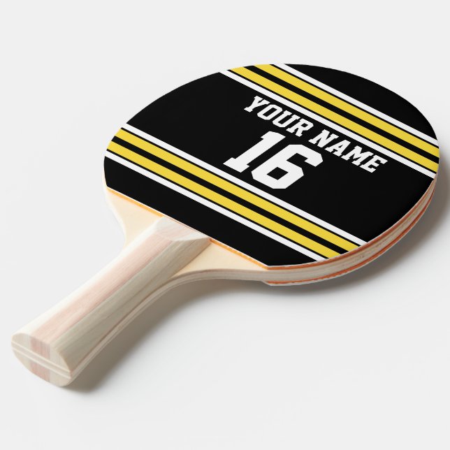 Black with Yellow White Stripes Team Jersey Ping Pong Paddle (Front Angle)