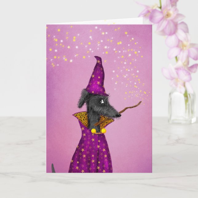Black wizard dog Halloween card (Orchid)