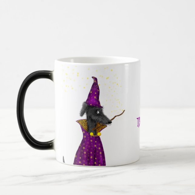 Black wizard dog personalised magical morphing mug (Left)