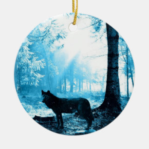 Black Wolf Alone in the Forest Ceramic Tree Decoration