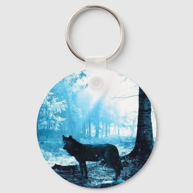 Black Wolf Alone in the Forest Key Ring (Front)