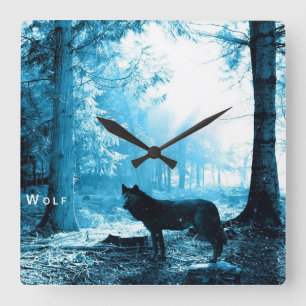 Black Wolf Alone in the Forest Square Wall Clock