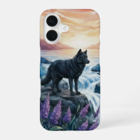 black wolf by water fall at sunrise
