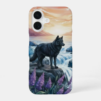 black wolf by water fall at sunrise iPhone 16 case