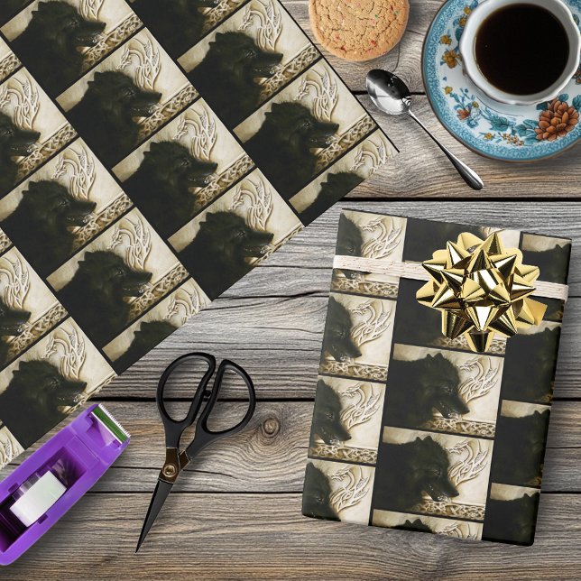 Black Wolf Celtic Dragon Knotwork Fantasy Wrapping Paper (Creator Uploaded)