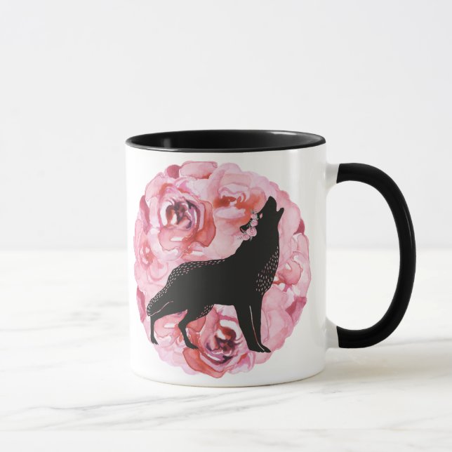 Black Wolf Dark Pink Roses Mug (Right)