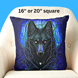 Black Wolf Dog on Blue Cushion