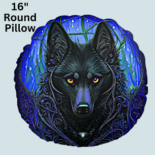 Black Wolf Dog on Blue Round Cushion