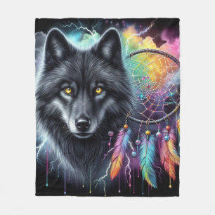 Black Wolf Dreamcatcher Cosmic Storm Fleece Blanket