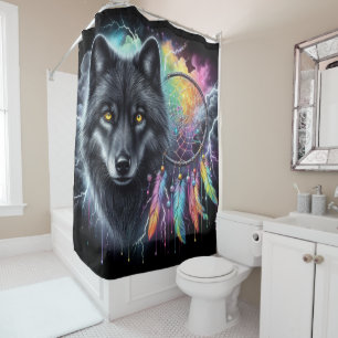 Black Wolf Dreamcatcher Cosmic Storm Shower Curtain