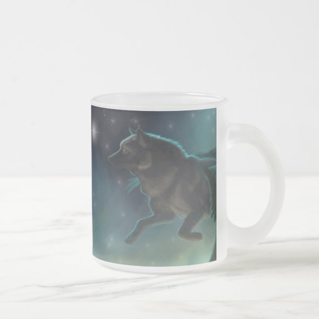 Black Wolf Flying Through The Stars Frosted Glass Coffee Mug (Right)