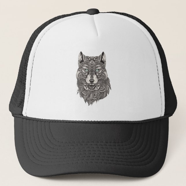 Black wolf Head Illustration Trucker Hat (Front)
