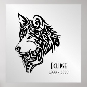 Black Wolf Head with Name and Dates Poster