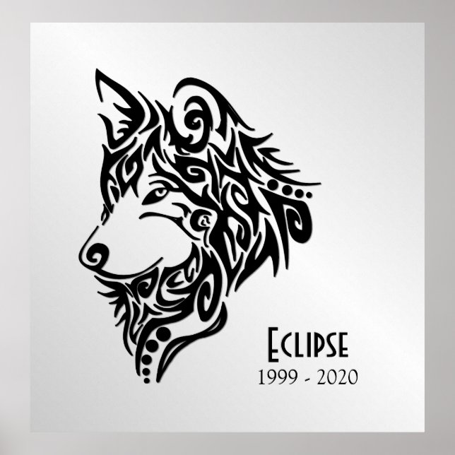 Black Wolf Head with Name and Dates Poster (Front)