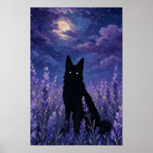 Black Wolf in Lavender Field Poster