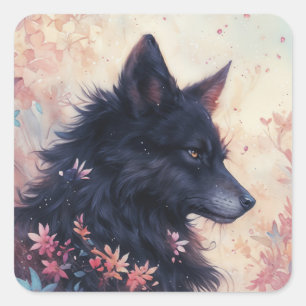 Black Wolf in Pink and Blue Wildflower Garden Square Sticker