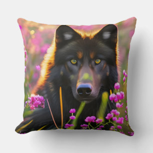 Black wolf in pink flowers cushion