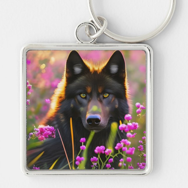 black wolf in pink flowers   key ring (Front)