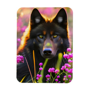 Black wolf in pink flowers magnet