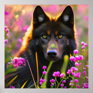 Black wolf in pink flowers poster