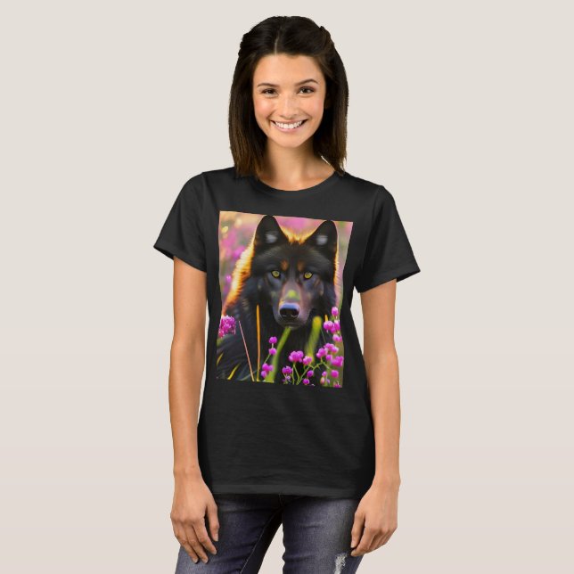 black wolf in pink flowers   T-Shirt (Front Full)