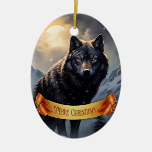Black Wolf in Snowy Mountains Ceramic Tree Decoration
