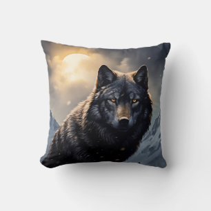 Black Wolf in Snowy Mountains Cushion