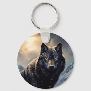 Black Wolf in Snowy Mountains Key Ring