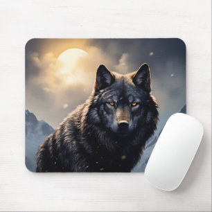Black Wolf in Snowy Mountains Mouse Mat