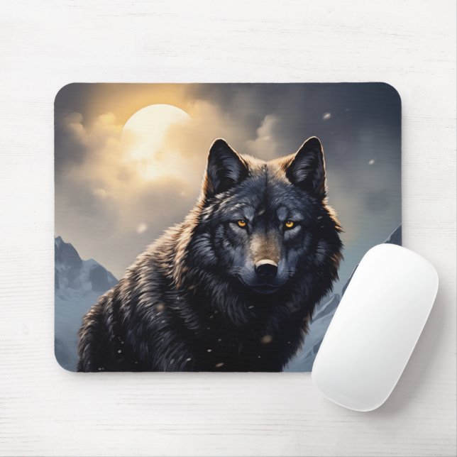 Black Wolf in Snowy Mountains Mouse Mat (With Mouse)