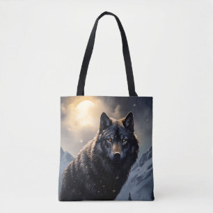 Black Wolf in Snowy Mountains Tote Bag