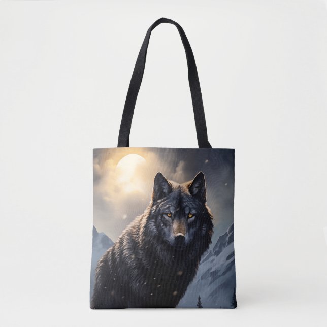 Black Wolf in Snowy Mountains Tote Bag (Front)